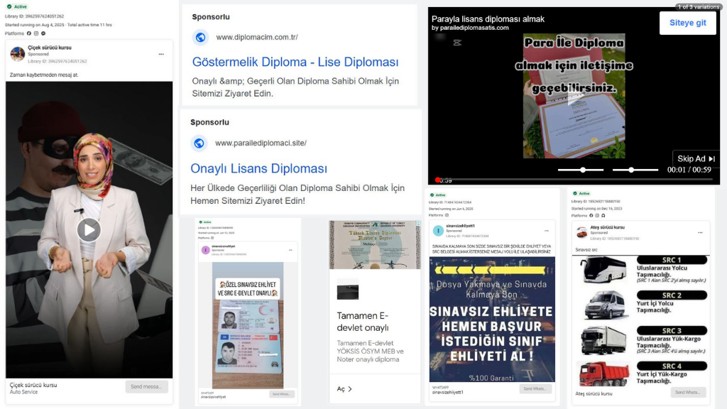 Sahte Diploma & Ehliyet Dijital reklamları